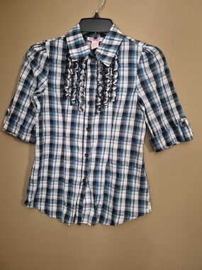 Candie's Plaid Ruffle Button-Up Shirt in Blue, Black, and White